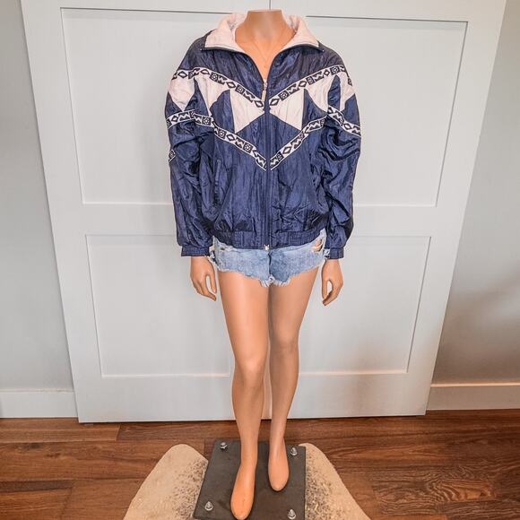 1990s Vintage Janeve Bomber Jacket Navy/White Geometric Pattern-Womens Medium - Picture 2 of 10